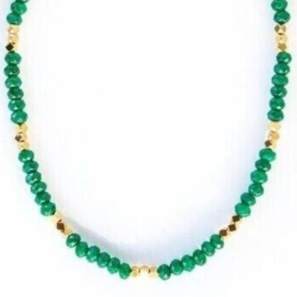 Green Beaded Necklace With Gold Waterproof Beads Non-Tarnish Gold Necklace